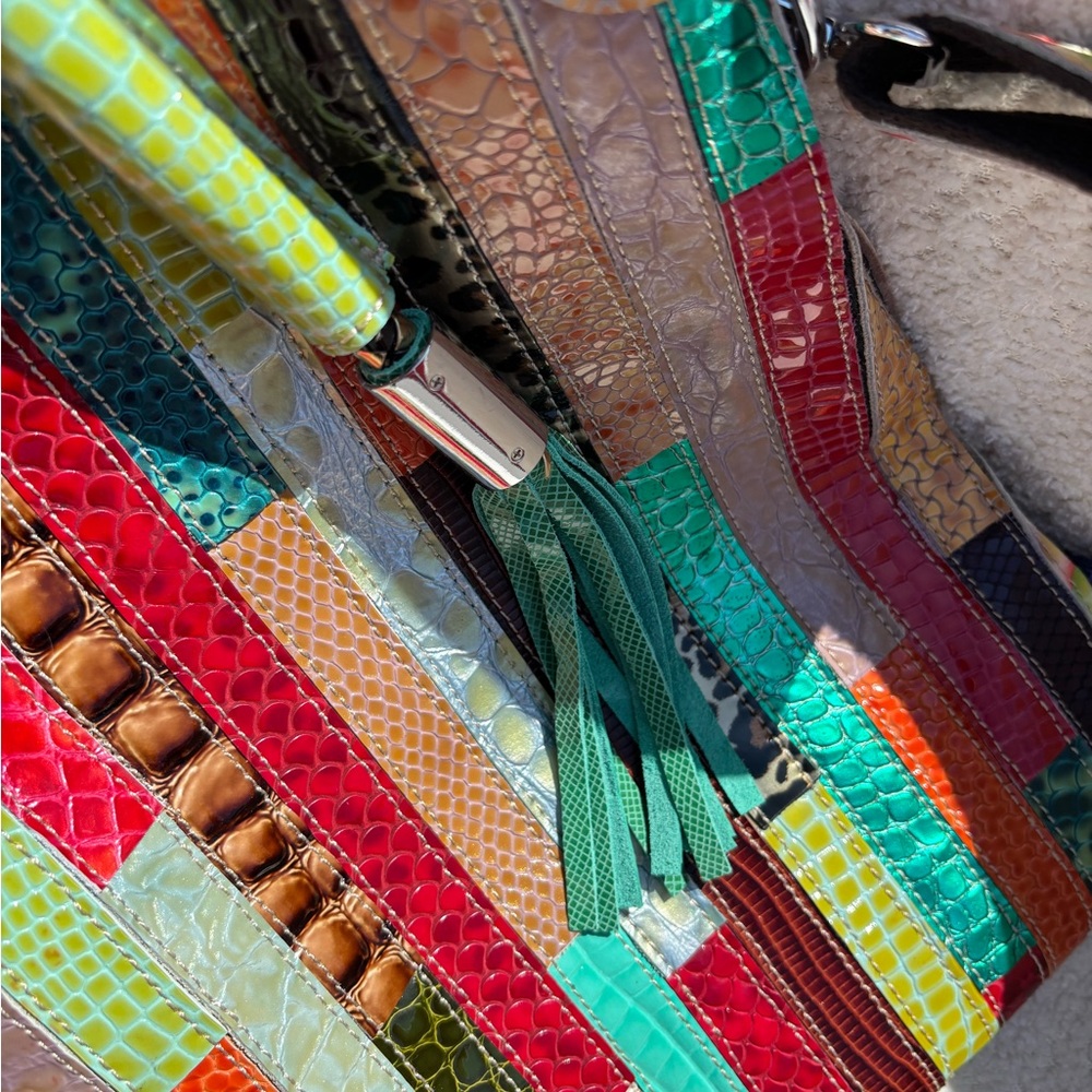 Multicolor Patchwork Leather Tote Bag with Tassel… - image 3